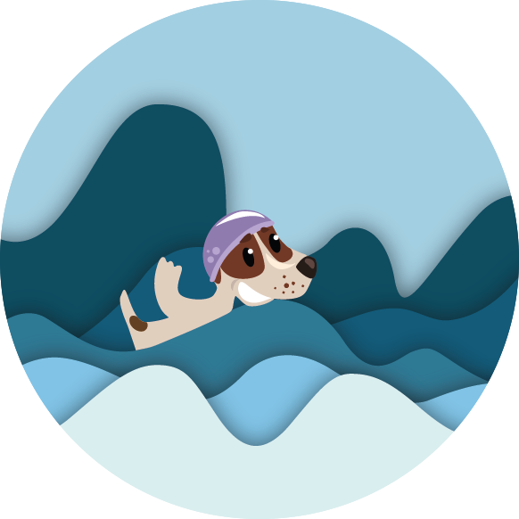 dessin graphique d'un chien dans l'eau avec un bonnet de bain